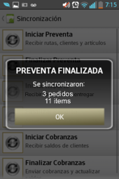 preventa movil para celulares - sincronizacion exitosa